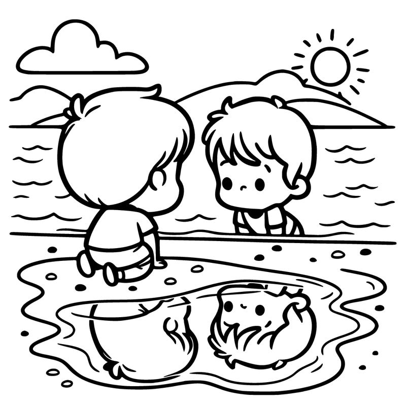 little kid staring at his reflection in a clear lake on the beach