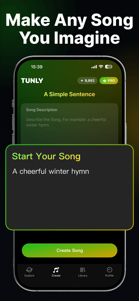 Tunly-AI Music&Song Generator - Interface of Tunly AI Music app showing how to create a song from a text prompt like a cheerful winter hymn.