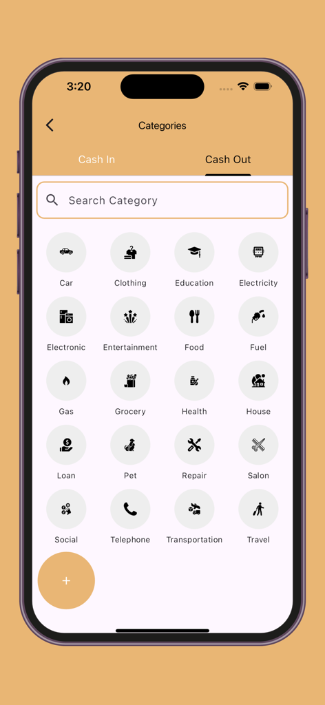 My Expense Manager and Tracker - A mobile app screen displaying a grid of expense categories like food grocery and fuel for manual expense tracking