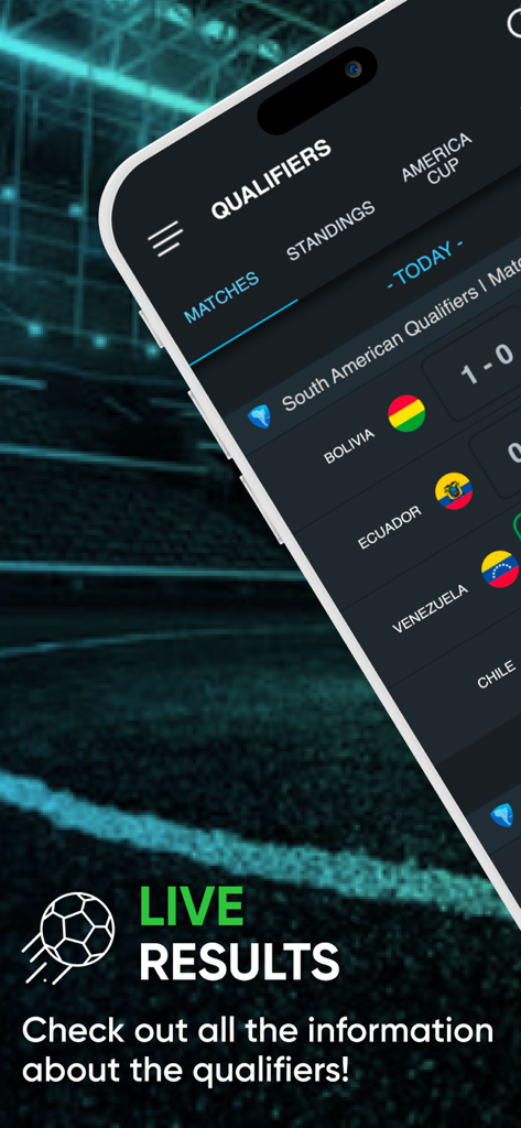 South American Qualifiers - Pantalla de smartphone que muestra resultados de partidos en vivo para las eliminatorias de fútbol sudamericanas