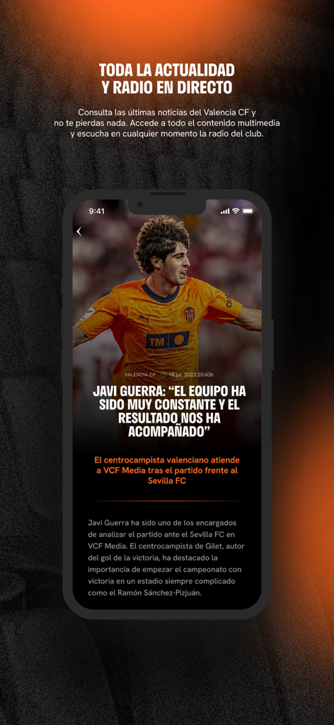 Valencia CF official app news section featuring player Javi Guerra and live radio options