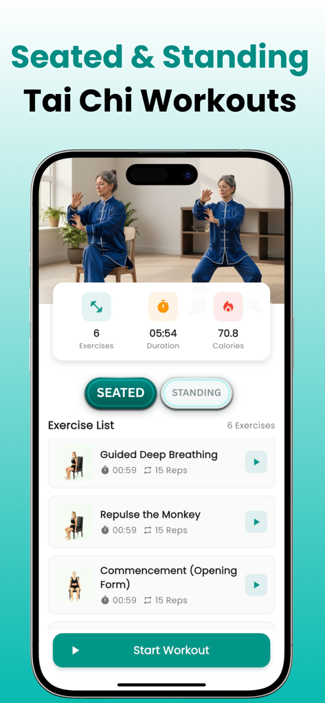Tai Chi Walking : GentleFit - Mobile app interface showing a list of seated and standing Tai Chi exercises for seniors