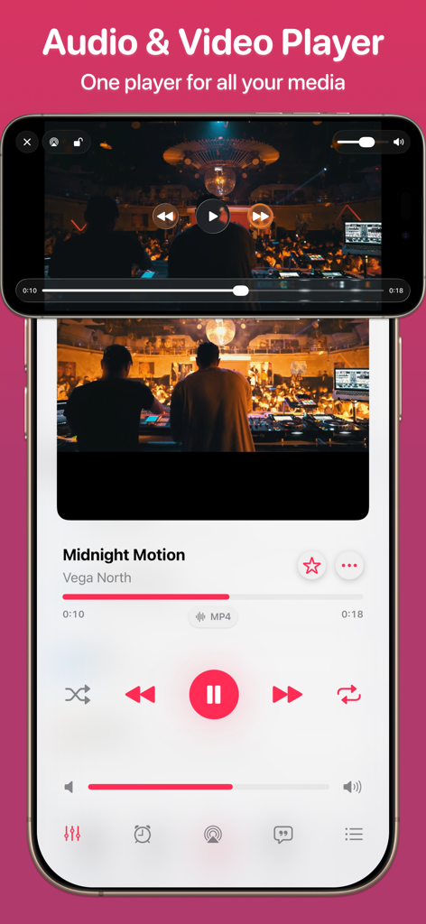 Synic - Offline Music Player - Pantalla de smartphone mostrando la interfaz del reproductor de audio y video offline Synic