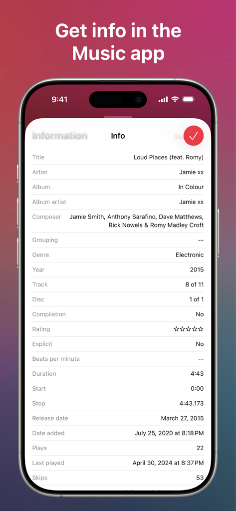 아티스트, 작곡가, 재생 횟수 및 출시 날짜를 포함한 상세한 노래 메타데이터를 표시하는 iPhone 화면