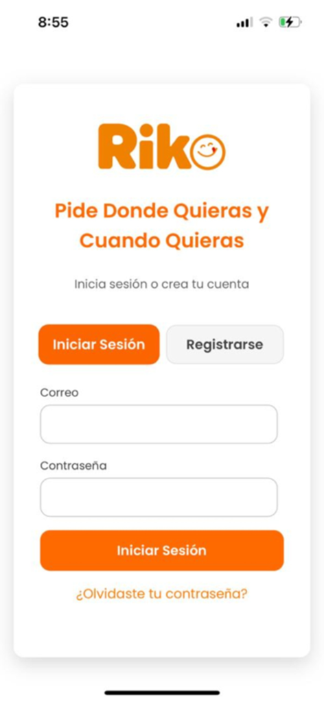 Riko App - Pantalla de inicio de sesión del servicio de entrega de comida Riko App con campos de correo electrónico y contraseña