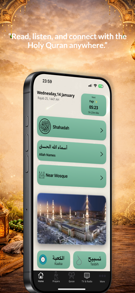 Quran & Qibla - Prayer Times - Dashboard of the Quran and Qibla app featuring prayer times mosque locator and Islamic services