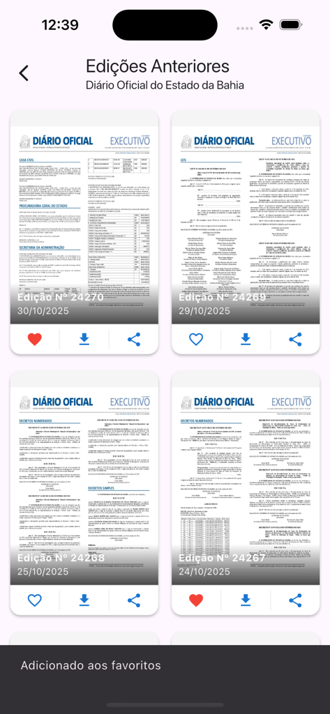 EGBA - Imprensa Oficial - Interfaz de la aplicación EGBA que muestra una lista de ediciones anteriores del Boletín Oficial de Bahía con opciones para descargar y marcar documentos como favoritos