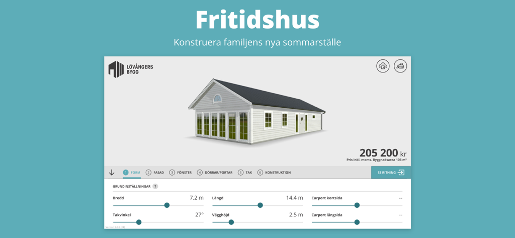 Rita eget med Lövångers Bygg - A 3D design interface for a Scandinavian vacation home showing dimensions and pricing