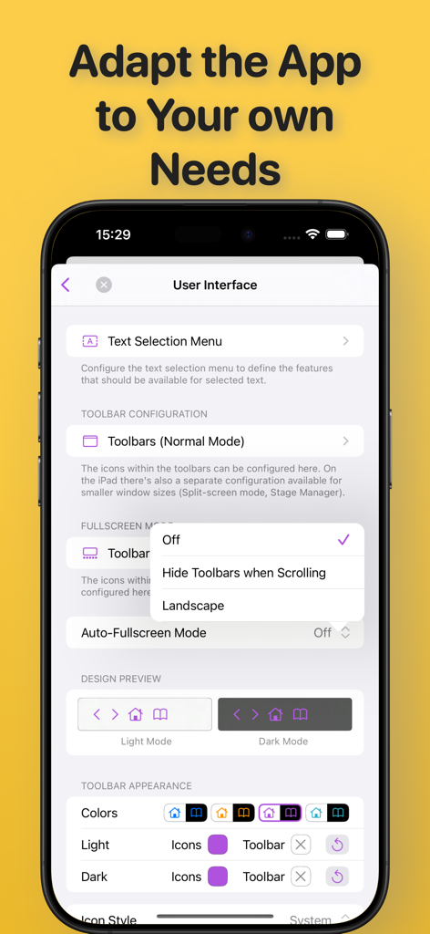 iCab Mobile (Web Browser) - Pantalla de configuración de la interfaz de usuario de iCab Mobile mostrando opciones de personalización para barras de herramientas, menús de texto y temas de modo claro u oscuro.