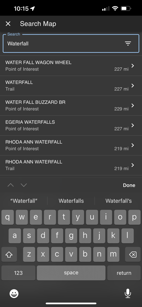 Search screen in the Lost Riders app showing results for waterfall trails and points of interest