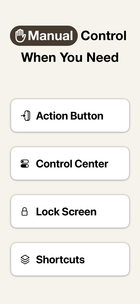 Screen Time - AppStops - Manual control options in AppStops showing Action Button Control Center Lock Screen and Shortcuts integration