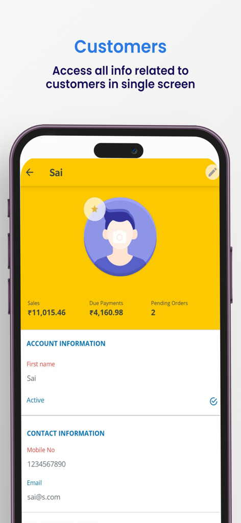 Just Billing POS Point of Sale - Customer profile interface in Just Billing POS showing account and contact details