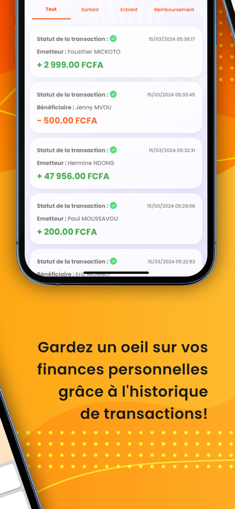Écran de l'historique des transactions de l'application CLIKPAY Money montrant des transferts d'argent mobile en FCFA.
