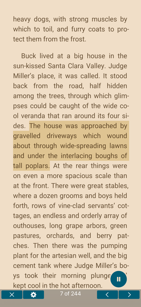ReadEra-Oberfläche, die eine Buchseite mit hervorgehobenem Text und aktiver Text-to-Speech-Funktion anzeigt
