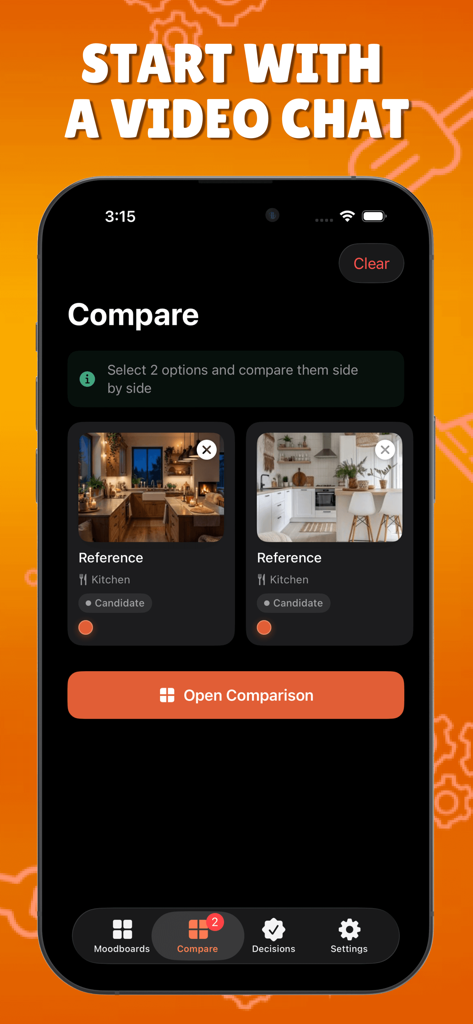 Interface de aplicativo móvel mostrando duas referências de design de cozinha lado a lado para comparação