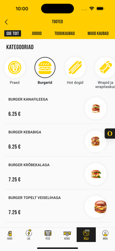 Olerex mobile app screen showing a menu of burgers for pre-order