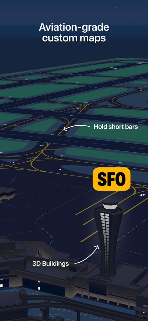 ATC - Live Air Traffic Radio - Carte 3D de qualité aviation de l'aéroport international de San Francisco avec marquages de voies de circulation et tour de contrôle 3D