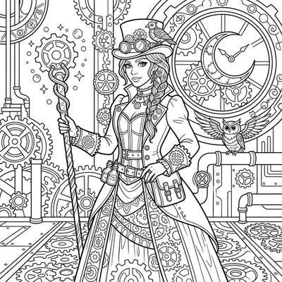 Step into a world where magic meets machinery with this captivating Steampunk Witch coloring page. Explore intricate details and unleash your imagination on this unique fantasy design.
