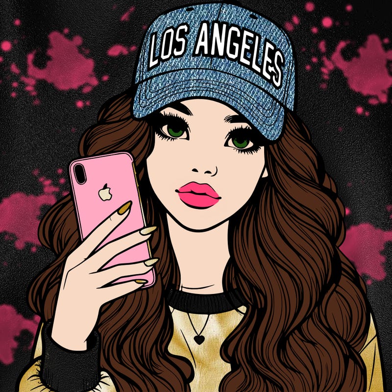 realistic beautiful girl wearing los ángeles cap holding an iphone