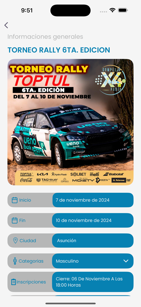 Padelsys - Padelsys app screen displaying padel tournament details and registration information