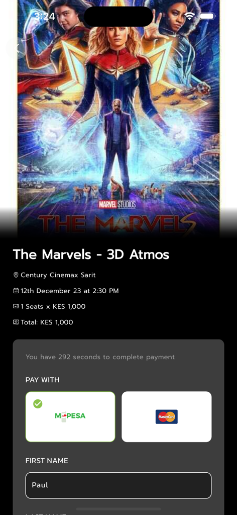 Century Cinemax - Tela de reserva do aplicativo Century Cinemax para The Marvels mostrando opções de pagamento M-Pesa e Mastercard