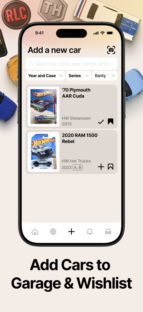 Die Carz: Hot Wheels Tracking - Screen of Die Carz app showing the interface to add die cast cars to garage and wishlist