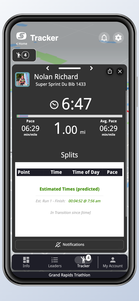 Sportstats Tracker app displaying real-time race statistics including pace distance and splits for an athlete.