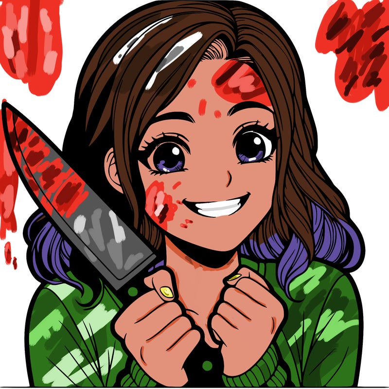 a realistic girl holding a knife and grinning