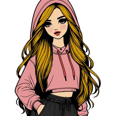 realistic girl with floor length hair wearing a hoodie with the hood down and sweat pants