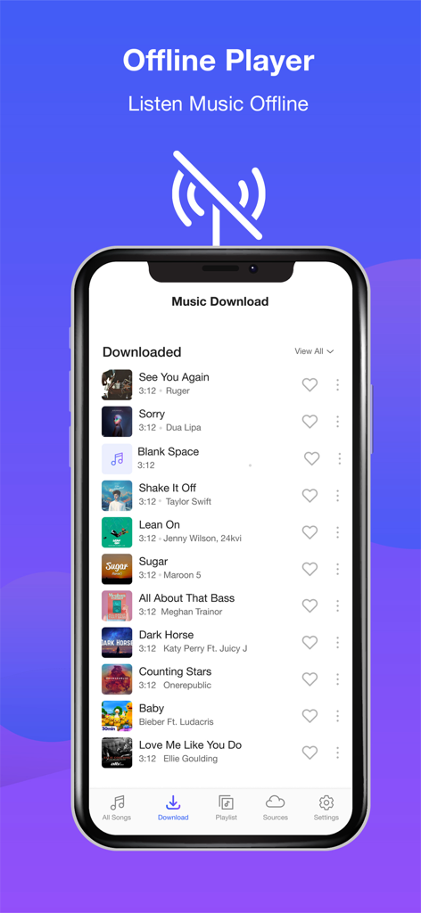 Cloud Music Player Mp3 Offline - Interfaz de la aplicación Cloud Music Player mostrando canciones descargadas para escuchar sin conexión