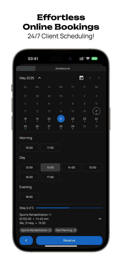 Bookora Calendar - Teléfono inteligente mostrando la interfaz de reserva online de Bookora Calendar con un selector de fecha y franjas horarias disponibles para agendar