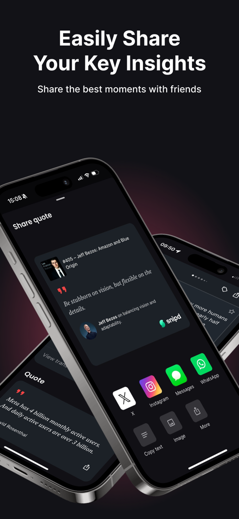Snipd | AI Podcast Player - Interface of the Snipd app showing how to share key podcast insights and quotes to social media platforms.