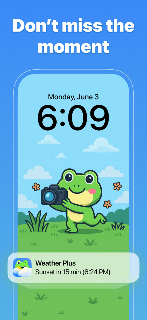 Notificación de alerta de atardecer en la pantalla de bloqueo del iPhone con un fondo de rana linda