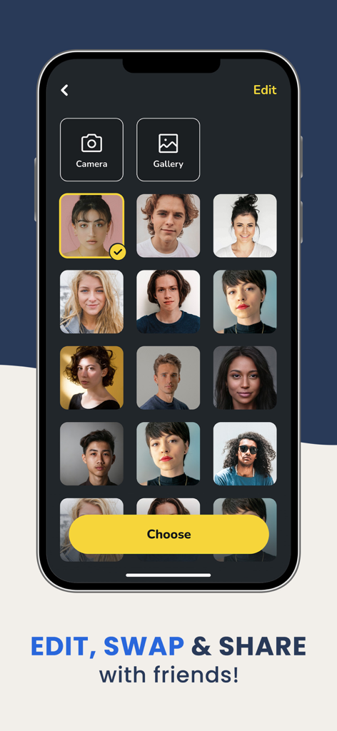 A face selection screen in the Faceover app showing a grid of diverse portraits with a yellow choose button.