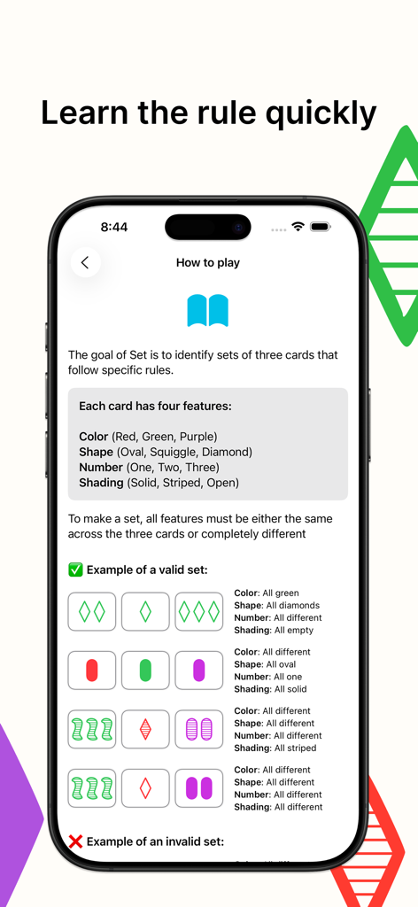 Set Game – Classic Card Puzzle - Instructional screen showing rules and examples for the Set Game card puzzle.