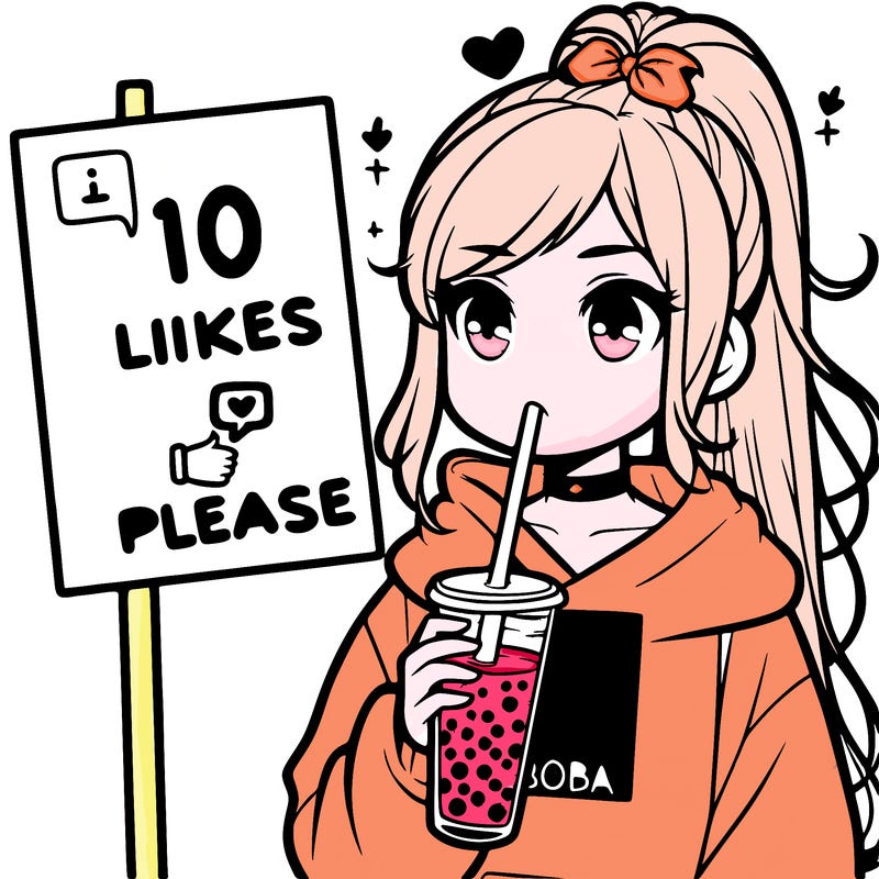 girl with a high ponytail and a hoodie drinking boba staring at a sign saying 10 likes please