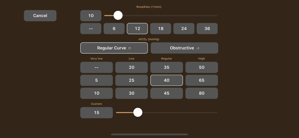 Medical Rescue Sim Pro - Interface of Medical Rescue Sim Pro showing adjustable respiratory rate and etCO2 simulation settings