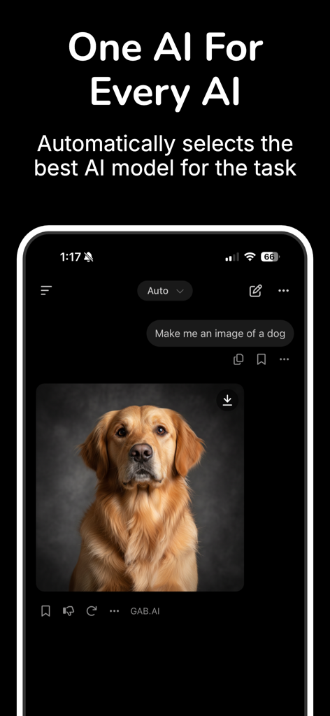 Screenshot of the Gab AI app showing a photorealistic image of a golden retriever dog generated from a text prompt