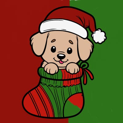 cute puppy wearing santa hat in socking