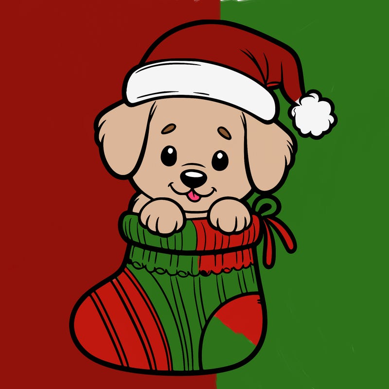 cute puppy wearing santa hat in socking