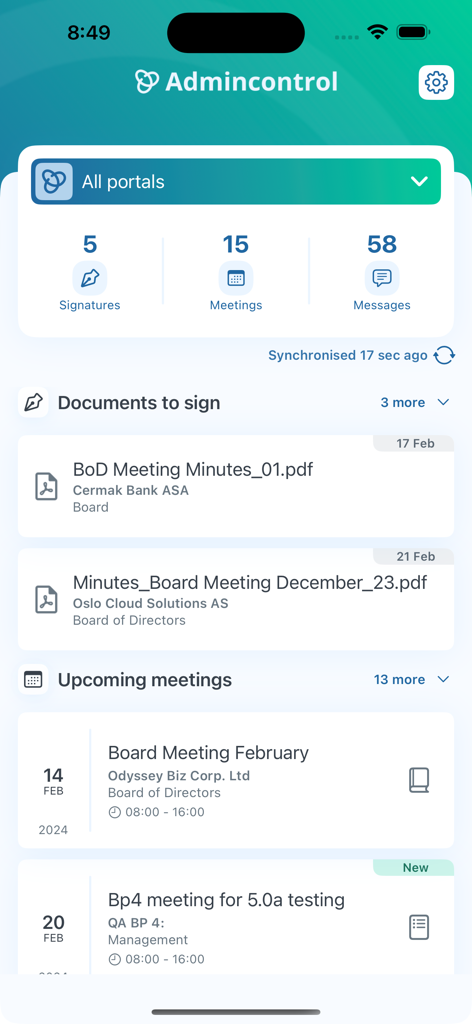 Dashboard do aplicativo Admincontrol para membros do conselho mostrando agendas de reuniões e assinaturas de documentos pendentes