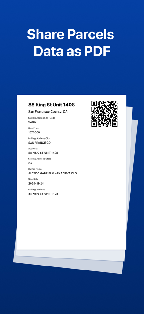 Un exemple de rapport PDF d'informations sur la propriété de l'application Carte des Parcelles Cadastrées montrant l'adresse, le propriétaire et les détails des ventes avec un code QR