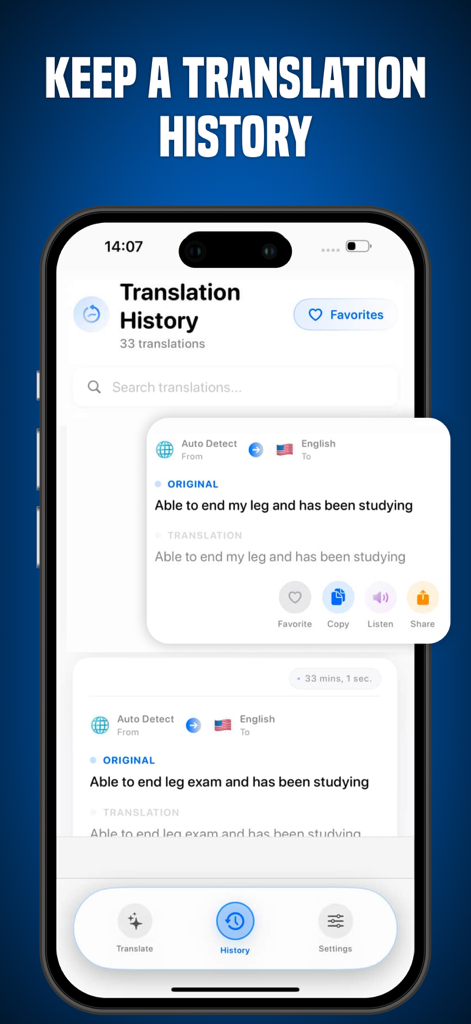AI Translator – Go Translate - AI Translator App-Oberfläche, die den Übersetzungsverlauf auf einem iPhone anzeigt
