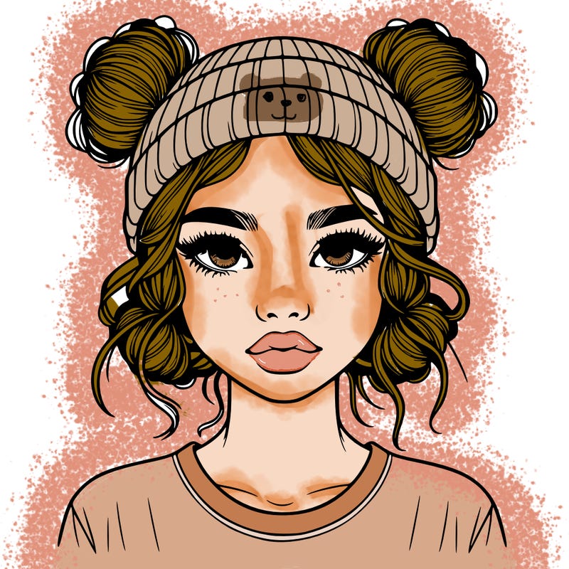 realistic girl with buns in her hair with a beanie on