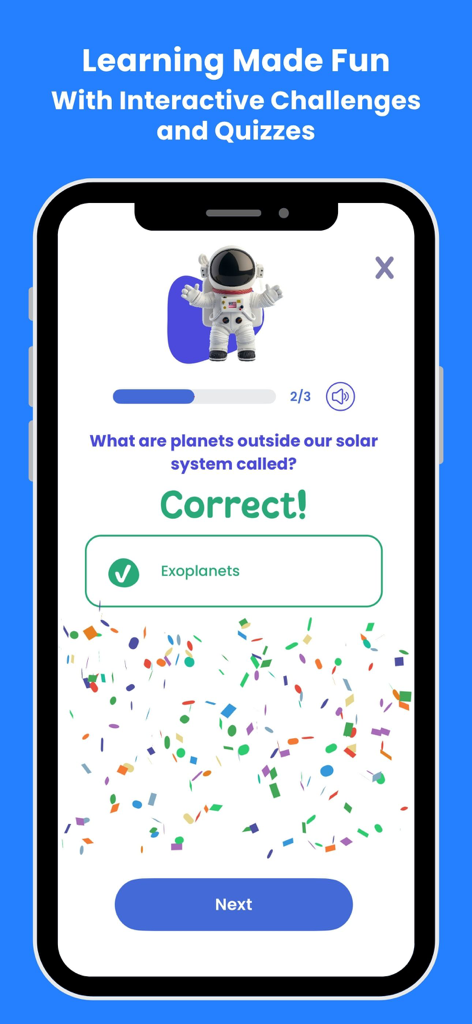 Curioso: Kids' Online Learning - Interactive space quiz on Curioso app showing a correct answer about exoplanets with confetti and an astronaut character