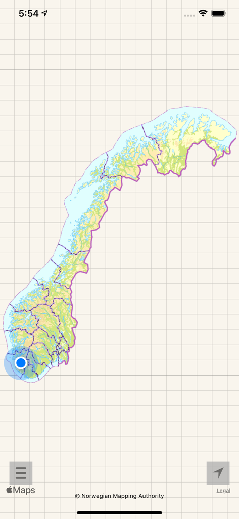Mapa de alta resolución de Noruega que muestra los límites regionales y un marcador de ubicación GPS azul sobre un fondo cuadriculado