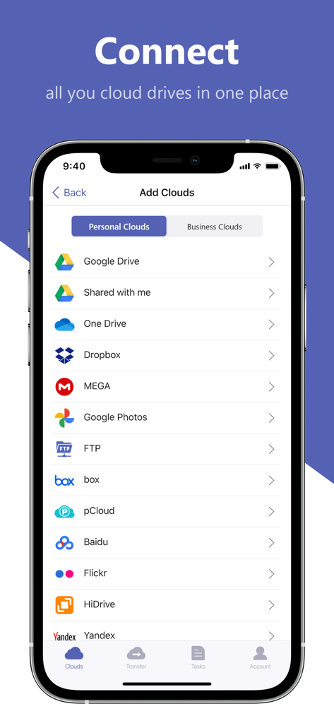MultCloud app interface displaying a list of personal cloud storage services to connect including Google Drive and Dropbox.