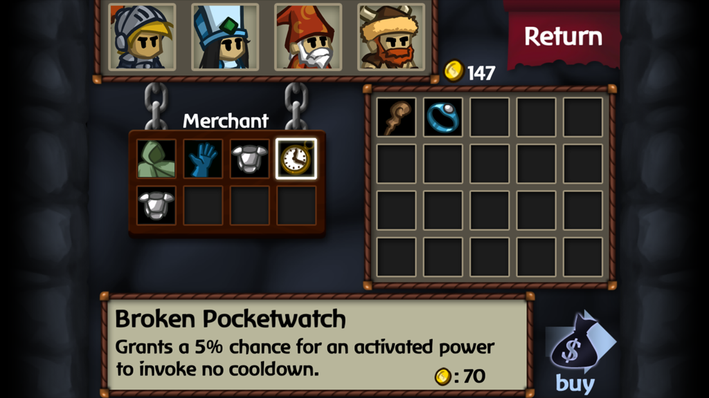 Battleheart - Merchant shop interface in Battleheart showing items for sale and equipment stats