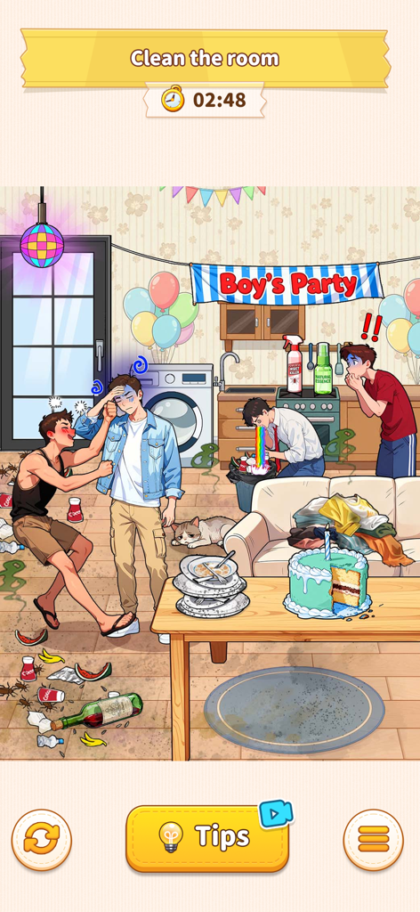 A cartoon logic puzzle level where the objective is to clean a messy room after a boy's party.