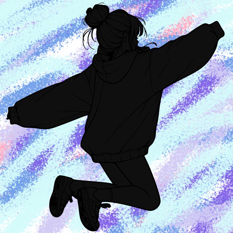 realistic girl jumping with a bun and oversized sweatshirt